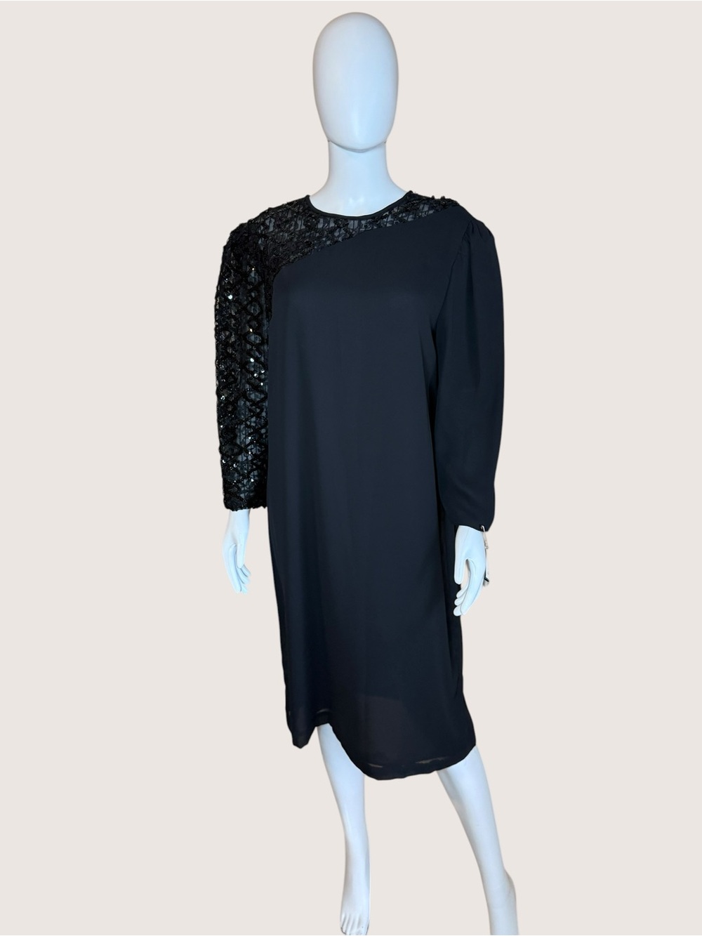 Miss Elliette 1980/1990 Black Midi Dress with Sequined Sleeve - Sz L